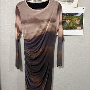 White House Black Market Cream and Tan Asymmetrical Ruched Sheath Dress